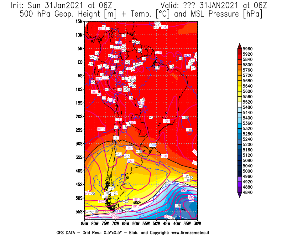 Mappa di analisi GFS - Geopotenziale [m] + Temp. [°C] a 500 hPa + Press. a livello del mare [hPa] in Sud-America
							del 31/01/2021 06 <!--googleoff: index-->UTC<!--googleon: index-->