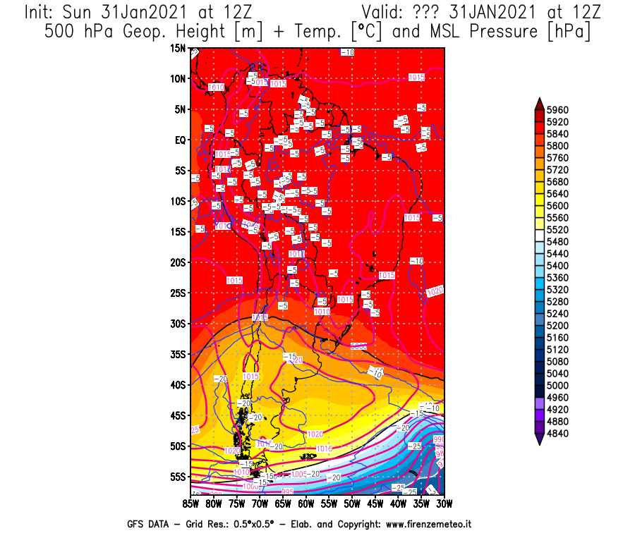 Mappa di analisi GFS - Geopotenziale [m] + Temp. [°C] a 500 hPa + Press. a livello del mare [hPa] in Sud-America
									del 31/01/2021 12 <!--googleoff: index-->UTC<!--googleon: index-->
