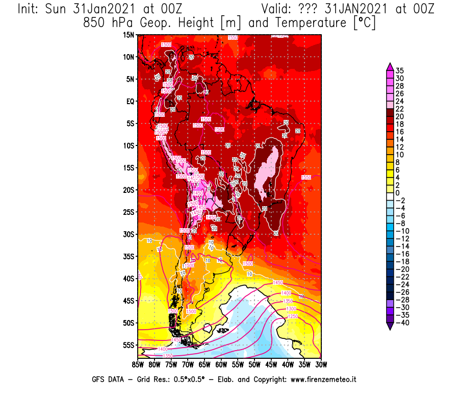 Mappa di analisi GFS - Geopotenziale [m] e Temperatura [°C] a 850 hPa in Sud-America
									del 31/01/2021 00 <!--googleoff: index-->UTC<!--googleon: index-->