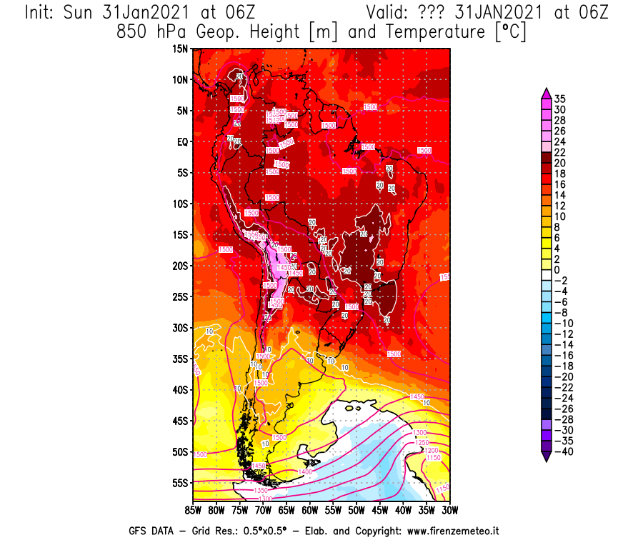 Mappa di analisi GFS - Geopotenziale [m] e Temperatura [°C] a 850 hPa in Sud-America
									del 31/01/2021 06 <!--googleoff: index-->UTC<!--googleon: index-->