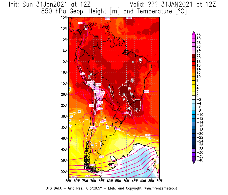 Mappa di analisi GFS - Geopotenziale [m] e Temperatura [°C] a 850 hPa in Sud-America
									del 31/01/2021 12 <!--googleoff: index-->UTC<!--googleon: index-->