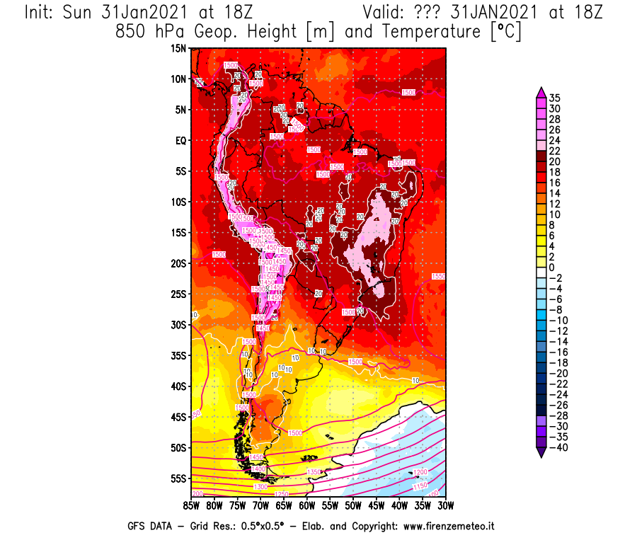 Mappa di analisi GFS - Geopotenziale [m] e Temperatura [°C] a 850 hPa in Sud-America
							del 31/01/2021 18 <!--googleoff: index-->UTC<!--googleon: index-->