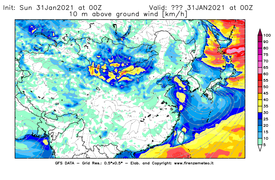Mappa di analisi GFS - Velocità del vento a 10 metri dal suolo [km/h] in Asia Orientale
							del 31/01/2021 00 <!--googleoff: index-->UTC<!--googleon: index-->