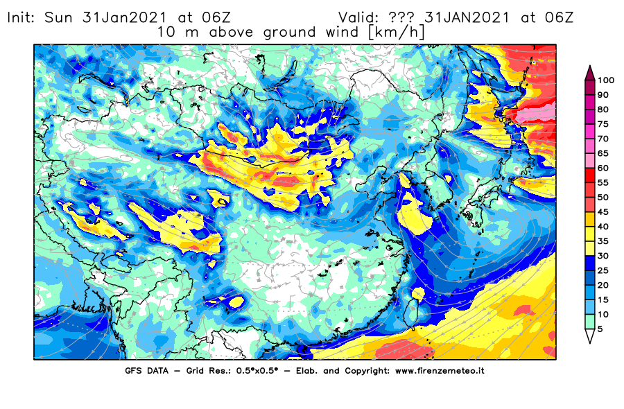 Mappa di analisi GFS - Velocità del vento a 10 metri dal suolo [km/h] in Asia Orientale
							del 31/01/2021 06 <!--googleoff: index-->UTC<!--googleon: index-->