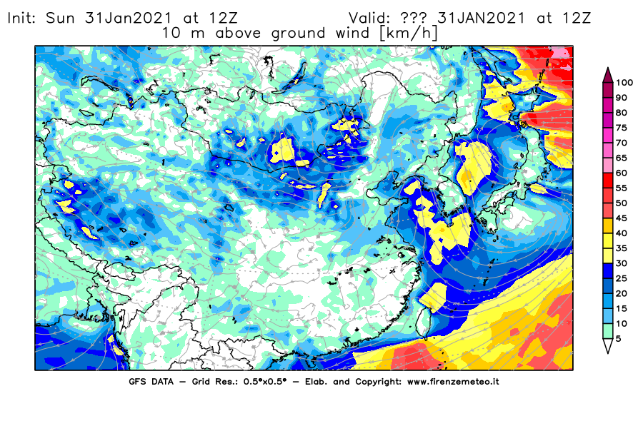 Mappa di analisi GFS - Velocità del vento a 10 metri dal suolo [km/h] in Asia Orientale
									del 31/01/2021 12 <!--googleoff: index-->UTC<!--googleon: index-->