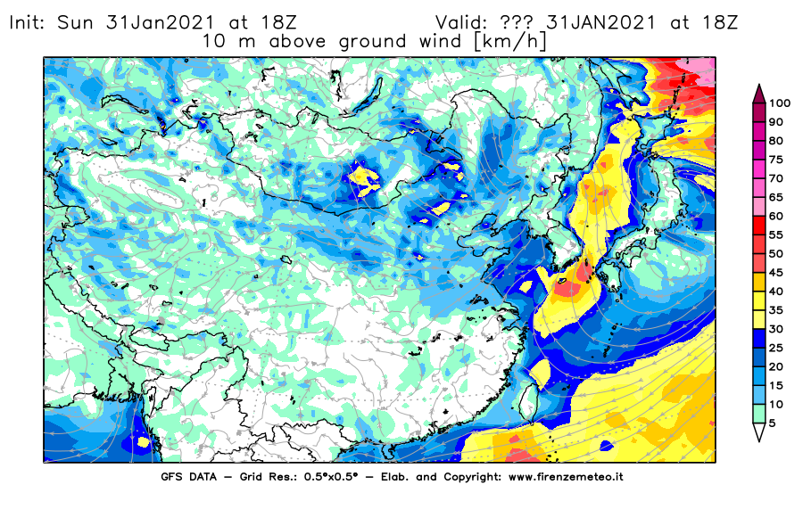 Mappa di analisi GFS - Velocità del vento a 10 metri dal suolo [km/h] in Asia Orientale
									del 31/01/2021 18 <!--googleoff: index-->UTC<!--googleon: index-->