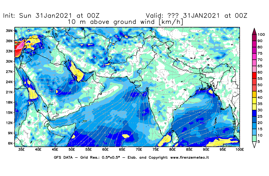 Mappa di analisi GFS - Velocità del vento a 10 metri dal suolo [km/h] in Asia Sud-Occidentale
									del 31/01/2021 00 <!--googleoff: index-->UTC<!--googleon: index-->