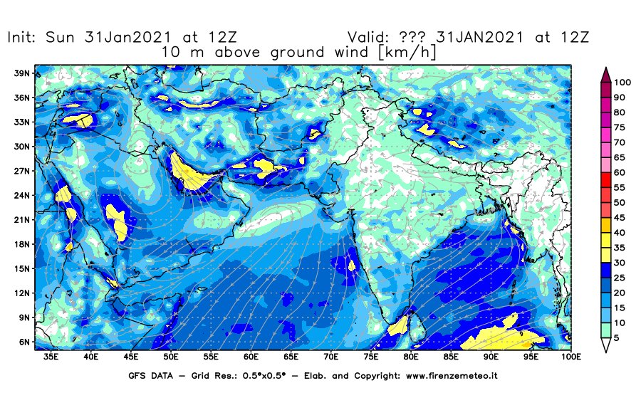 Mappa di analisi GFS - Velocità del vento a 10 metri dal suolo [km/h] in Asia Sud-Occidentale
							del 31/01/2021 12 <!--googleoff: index-->UTC<!--googleon: index-->