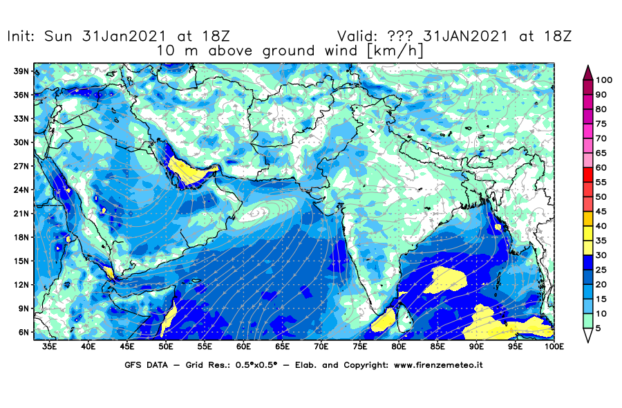 Mappa di analisi GFS - Velocità del vento a 10 metri dal suolo [km/h] in Asia Sud-Occidentale
									del 31/01/2021 18 <!--googleoff: index-->UTC<!--googleon: index-->