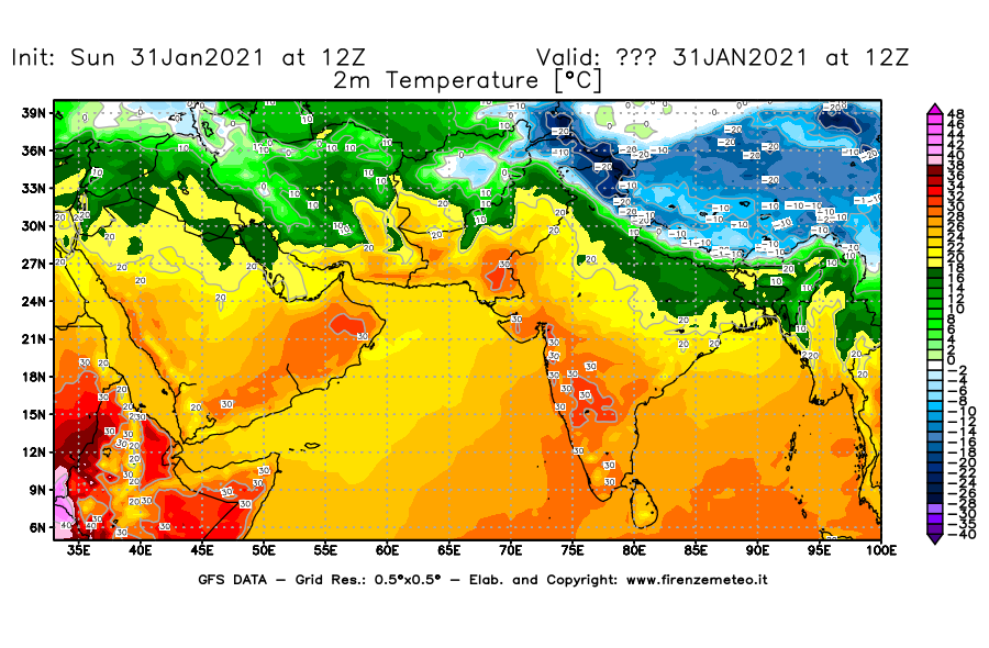 Mappa di analisi GFS - Temperatura a 2 metri dal suolo [°C] in Asia Sud-Occidentale
									del 31/01/2021 12 <!--googleoff: index-->UTC<!--googleon: index-->