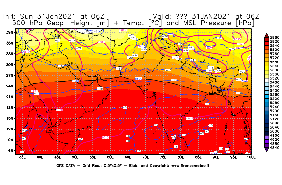 Mappa di analisi GFS - Geopotenziale [m] + Temp. [°C] a 500 hPa + Press. a livello del mare [hPa] in Asia Sud-Occidentale
									del 31/01/2021 06 <!--googleoff: index-->UTC<!--googleon: index-->