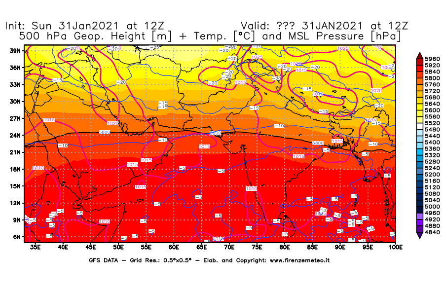 Mappa di analisi GFS - Geopotenziale [m] + Temp. [°C] a 500 hPa + Press. a livello del mare [hPa] in Asia Sud-Occidentale
									del 31/01/2021 12 <!--googleoff: index-->UTC<!--googleon: index-->
