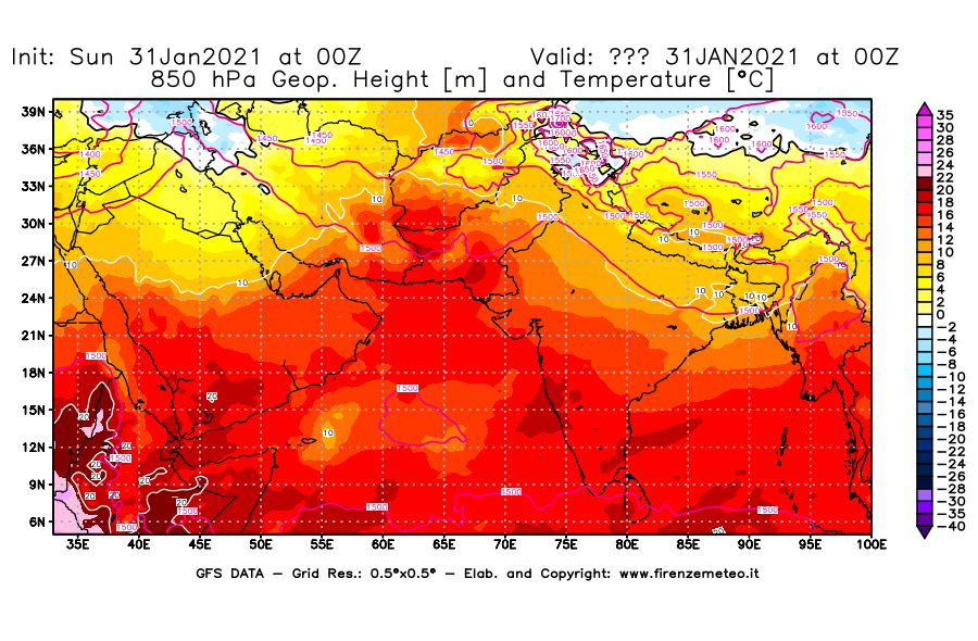 Mappa di analisi GFS - Geopotenziale [m] e Temperatura [°C] a 850 hPa in Asia Sud-Occidentale
									del 31/01/2021 00 <!--googleoff: index-->UTC<!--googleon: index-->