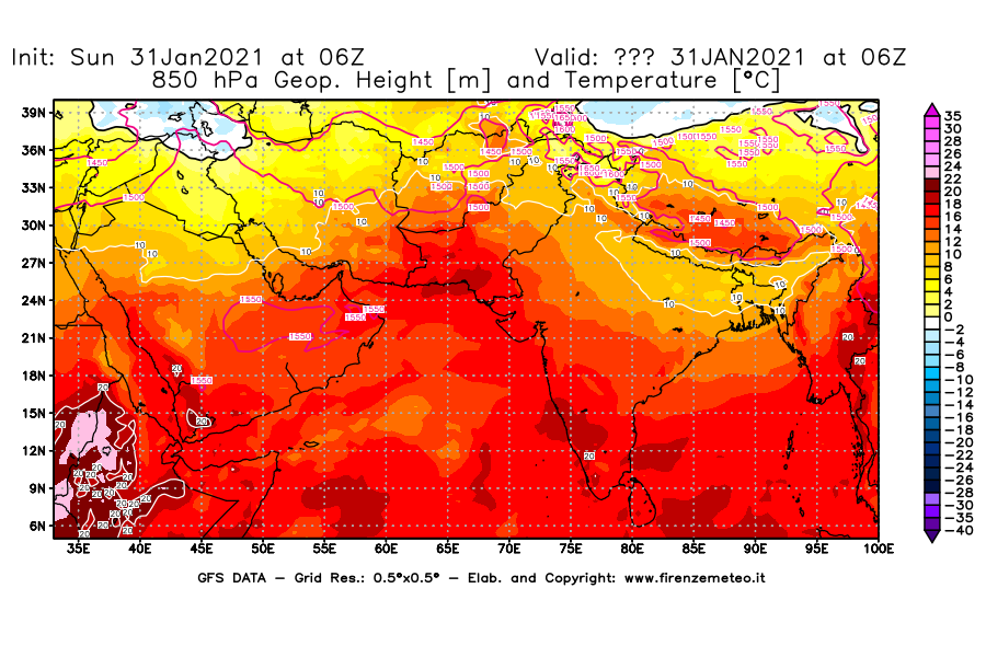Mappa di analisi GFS - Geopotenziale [m] e Temperatura [°C] a 850 hPa in Asia Sud-Occidentale
									del 31/01/2021 06 <!--googleoff: index-->UTC<!--googleon: index-->