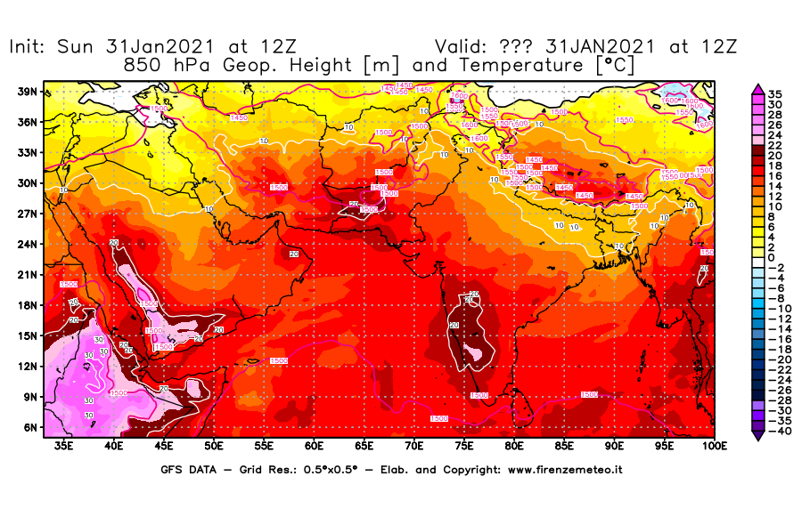 Mappa di analisi GFS - Geopotenziale [m] e Temperatura [°C] a 850 hPa in Asia Sud-Occidentale
							del 31/01/2021 12 <!--googleoff: index-->UTC<!--googleon: index-->