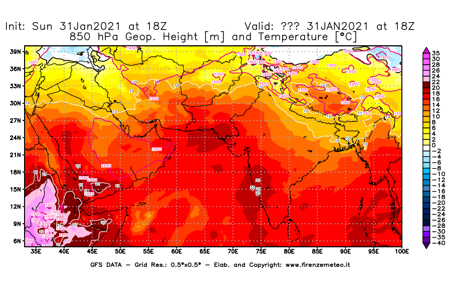 Mappa di analisi GFS - Geopotenziale [m] e Temperatura [°C] a 850 hPa in Asia Sud-Occidentale
							del 31/01/2021 18 <!--googleoff: index-->UTC<!--googleon: index-->
