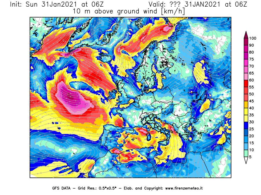 Mappa di analisi GFS - Velocità del vento a 10 metri dal suolo [km/h] in Europa
							del 31/01/2021 06 <!--googleoff: index-->UTC<!--googleon: index-->