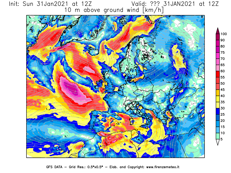 Mappa di analisi GFS - Velocità del vento a 10 metri dal suolo [km/h] in Europa
							del 31/01/2021 12 <!--googleoff: index-->UTC<!--googleon: index-->