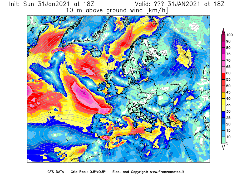 Mappa di analisi GFS - Velocità del vento a 10 metri dal suolo [km/h] in Europa
									del 31/01/2021 18 <!--googleoff: index-->UTC<!--googleon: index-->