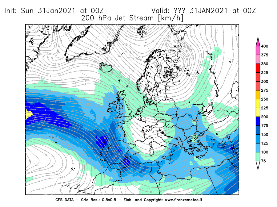 Mappa di analisi GFS - Jet Stream a 200 hPa in Europa
							del 31/01/2021 00 <!--googleoff: index-->UTC<!--googleon: index-->