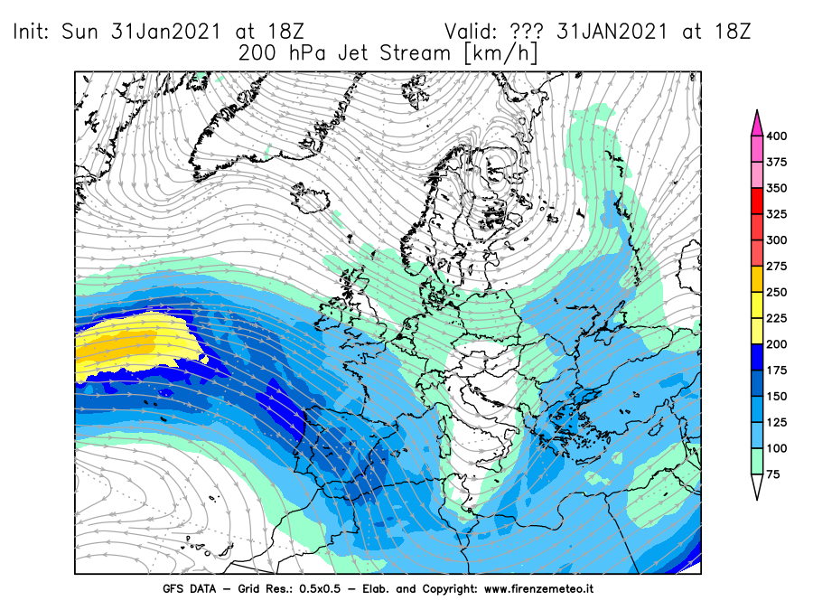Mappa di analisi GFS - Jet Stream a 200 hPa in Europa
							del 31/01/2021 18 <!--googleoff: index-->UTC<!--googleon: index-->