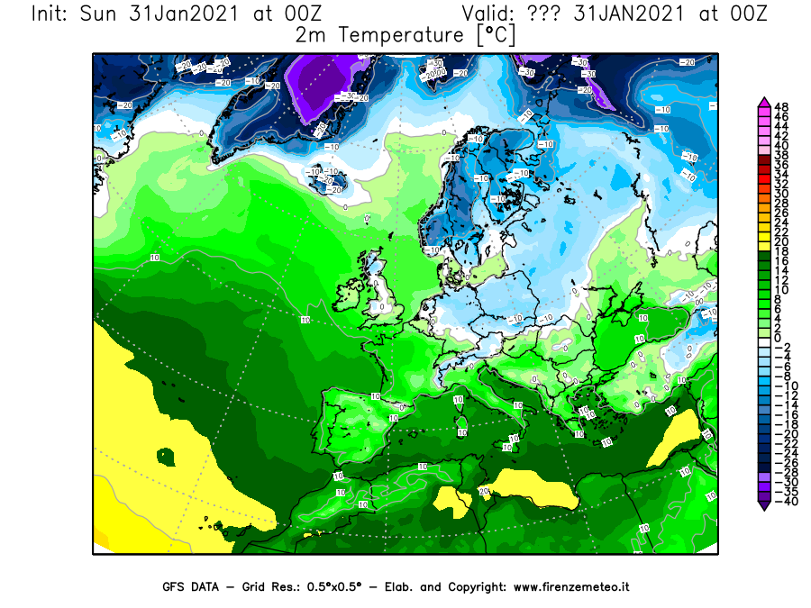 Mappa di analisi GFS - Temperatura a 2 metri dal suolo [°C] in Europa
									del 31/01/2021 00 <!--googleoff: index-->UTC<!--googleon: index-->