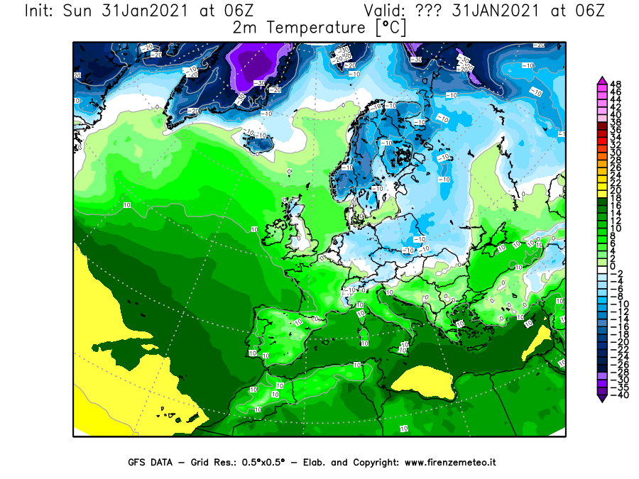 Mappa di analisi GFS - Temperatura a 2 metri dal suolo [°C] in Europa
									del 31/01/2021 06 <!--googleoff: index-->UTC<!--googleon: index-->