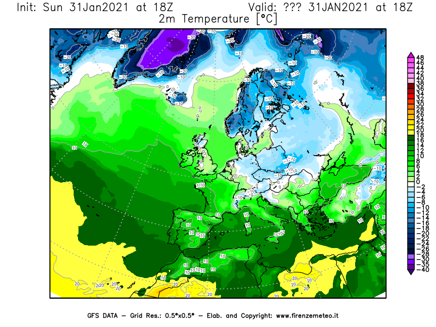 Mappa di analisi GFS - Temperatura a 2 metri dal suolo [°C] in Europa
									del 31/01/2021 18 <!--googleoff: index-->UTC<!--googleon: index-->