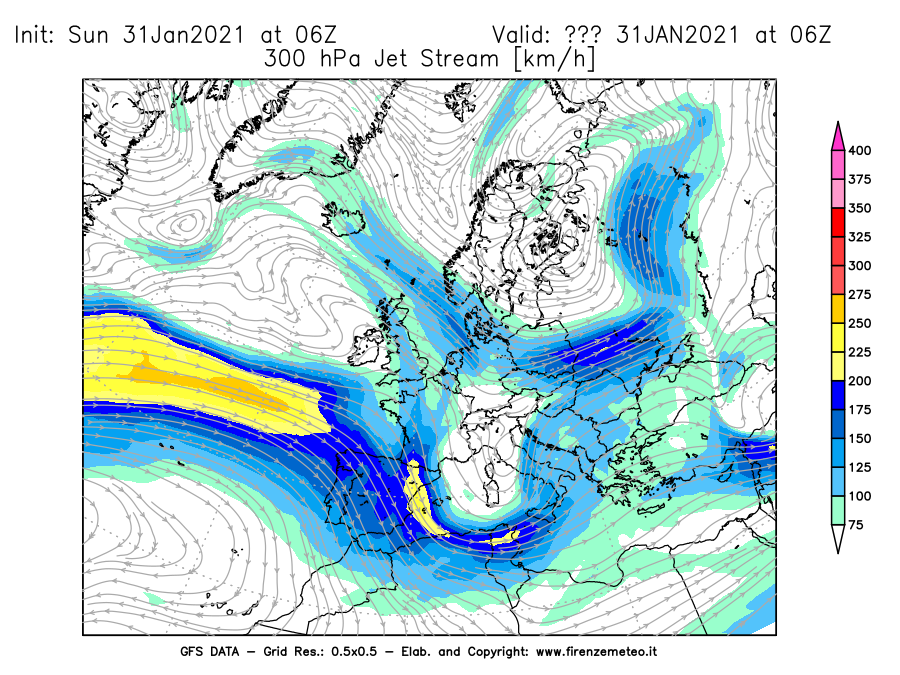 Mappa di analisi GFS - Jet Stream a 300 hPa in Europa
							del 31/01/2021 06 <!--googleoff: index-->UTC<!--googleon: index-->