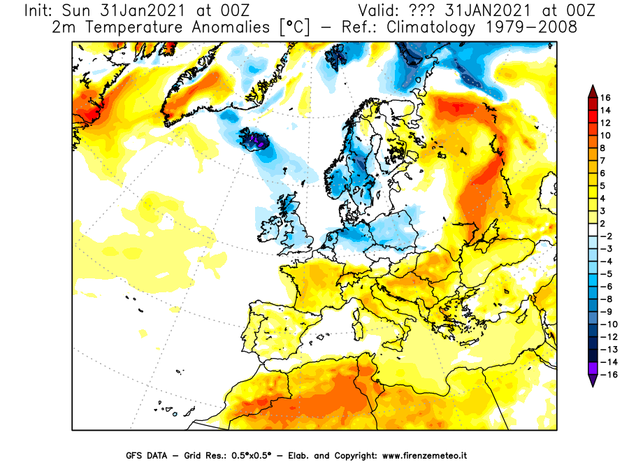 Mappa di analisi GFS - Anomalia Temperatura [°C] a 2 m in Europa
									del 31/01/2021 00 <!--googleoff: index-->UTC<!--googleon: index-->