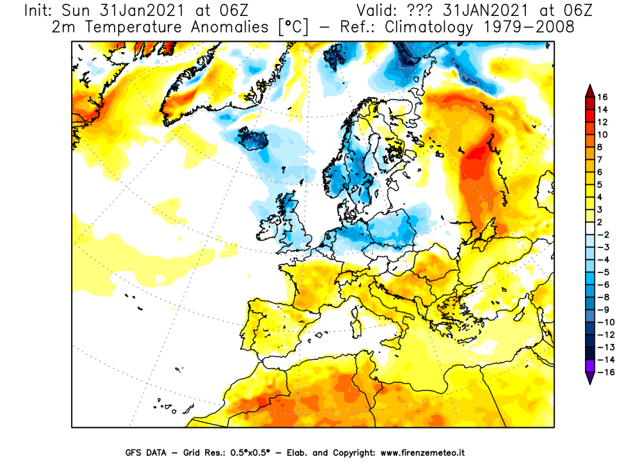 Mappa di analisi GFS - Anomalia Temperatura [°C] a 2 m in Europa
							del 31/01/2021 06 <!--googleoff: index-->UTC<!--googleon: index-->