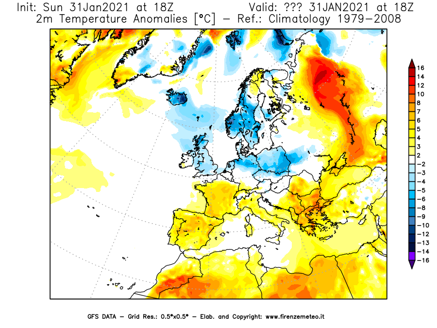 Mappa di analisi GFS - Anomalia Temperatura [°C] a 2 m in Europa
							del 31/01/2021 18 <!--googleoff: index-->UTC<!--googleon: index-->