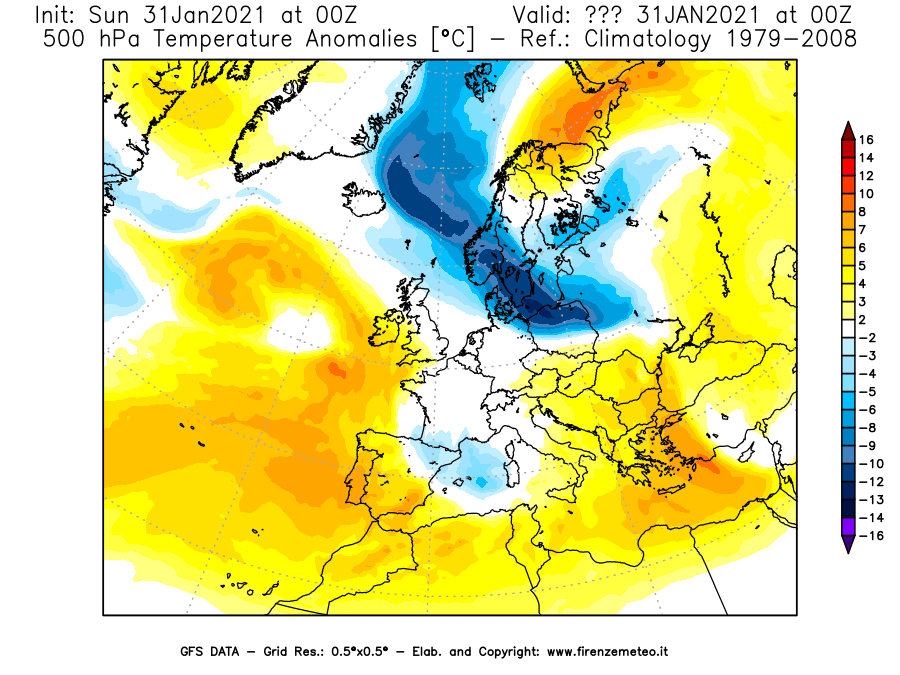 Mappa di analisi GFS - Anomalia Temperatura [°C] a 500 hPa in Europa
									del 31/01/2021 00 <!--googleoff: index-->UTC<!--googleon: index-->