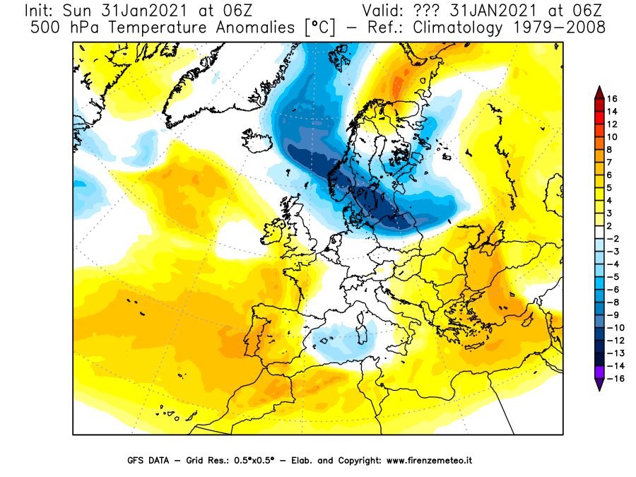 Mappa di analisi GFS - Anomalia Temperatura [°C] a 500 hPa in Europa
							del 31/01/2021 06 <!--googleoff: index-->UTC<!--googleon: index-->