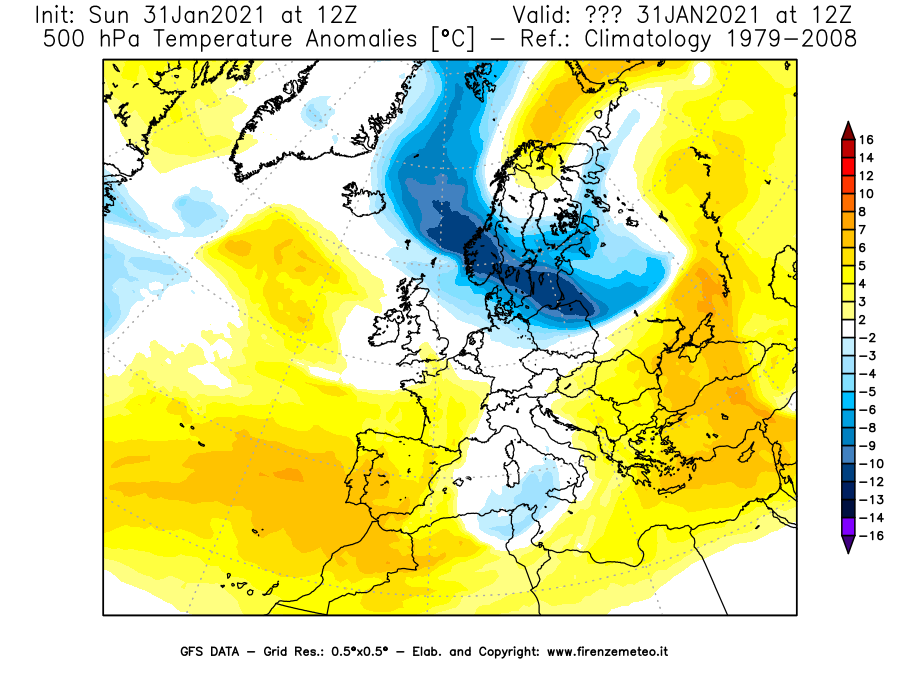 Mappa di analisi GFS - Anomalia Temperatura [°C] a 500 hPa in Europa
							del 31/01/2021 12 <!--googleoff: index-->UTC<!--googleon: index-->