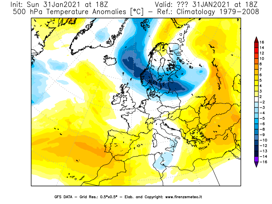 Mappa di analisi GFS - Anomalia Temperatura [°C] a 500 hPa in Europa
							del 31/01/2021 18 <!--googleoff: index-->UTC<!--googleon: index-->