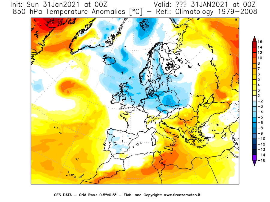 Mappa di analisi GFS - Anomalia Temperatura [°C] a 850 hPa in Europa
									del 31/01/2021 00 <!--googleoff: index-->UTC<!--googleon: index-->