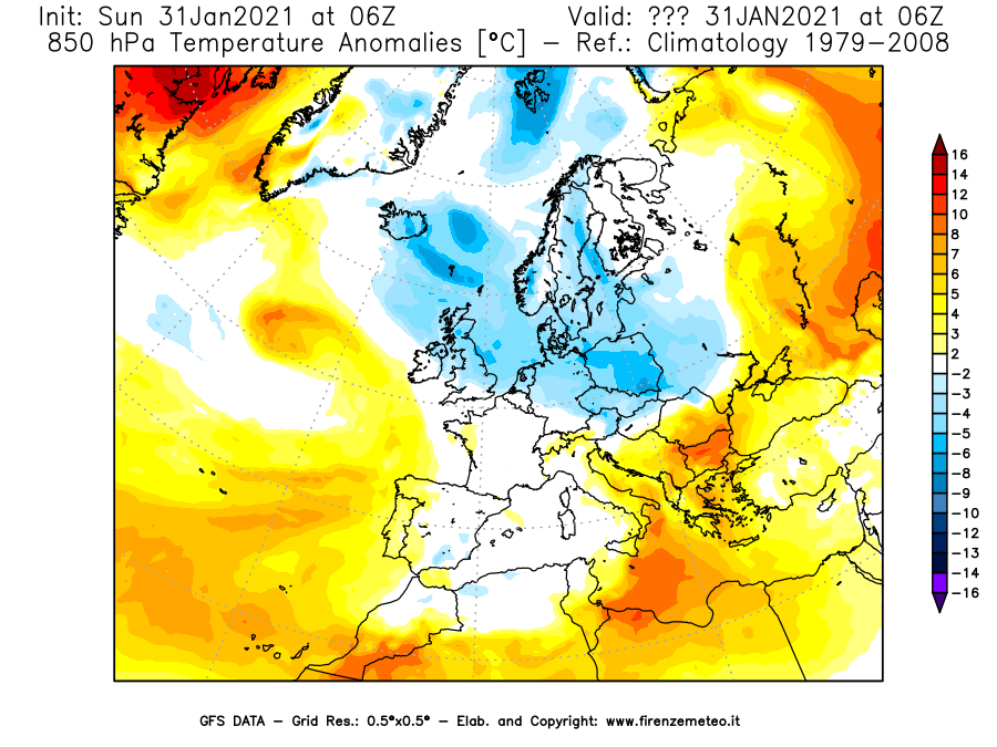 Mappa di analisi GFS - Anomalia Temperatura [°C] a 850 hPa in Europa
							del 31/01/2021 06 <!--googleoff: index-->UTC<!--googleon: index-->