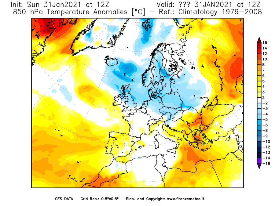 Mappa di analisi GFS - Anomalia Temperatura [°C] a 850 hPa in Europa
							del 31/01/2021 12 <!--googleoff: index-->UTC<!--googleon: index-->