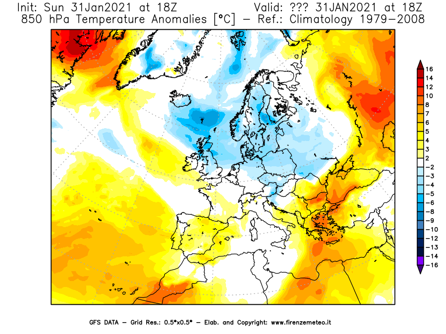 Mappa di analisi GFS - Anomalia Temperatura [°C] a 850 hPa in Europa
									del 31/01/2021 18 <!--googleoff: index-->UTC<!--googleon: index-->
