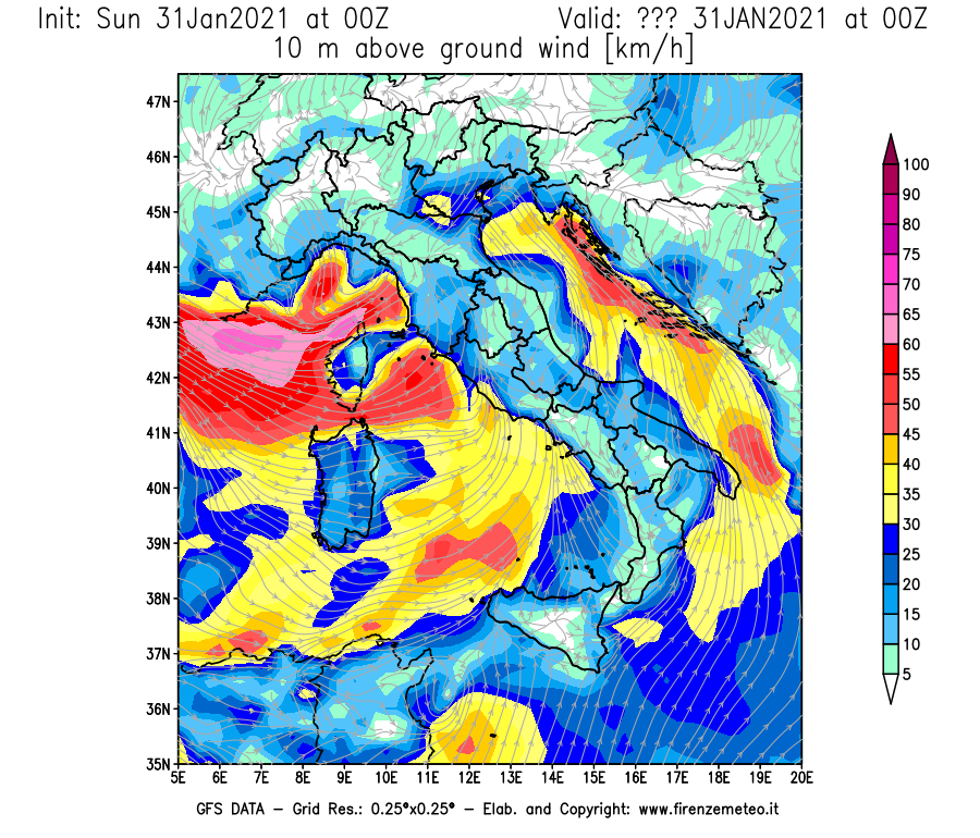 Mappa di analisi GFS - Velocità del vento a 10 metri dal suolo [km/h] in Italia
									del 31/01/2021 00 <!--googleoff: index-->UTC<!--googleon: index-->