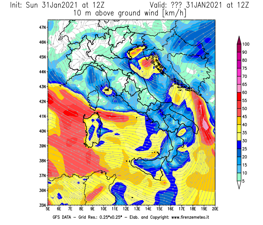 Mappa di analisi GFS - Velocità del vento a 10 metri dal suolo [km/h] in Italia
									del 31/01/2021 12 <!--googleoff: index-->UTC<!--googleon: index-->