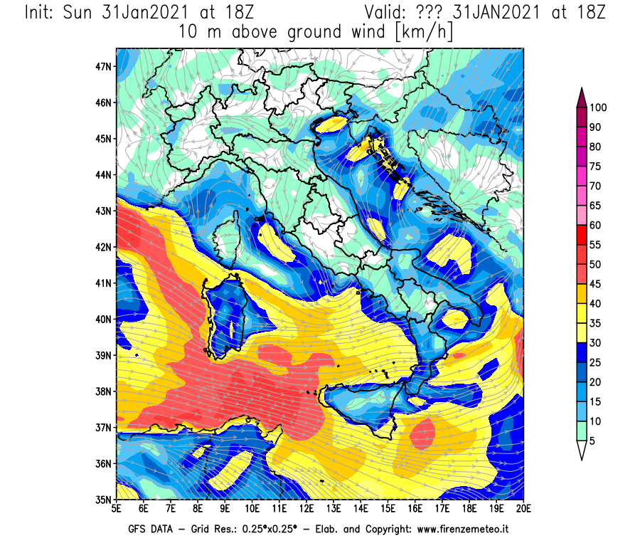 Mappa di analisi GFS - Velocità del vento a 10 metri dal suolo [km/h] in Italia
									del 31/01/2021 18 <!--googleoff: index-->UTC<!--googleon: index-->