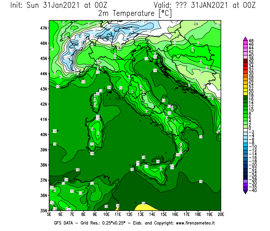 Mappa di analisi GFS - Temperatura a 2 metri dal suolo [°C] in Italia
							del 31/01/2021 00 <!--googleoff: index-->UTC<!--googleon: index-->