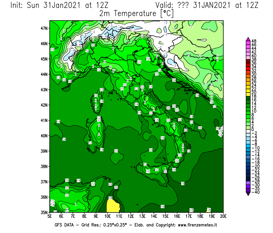 Mappa di analisi GFS - Temperatura a 2 metri dal suolo [°C] in Italia
									del 31/01/2021 12 <!--googleoff: index-->UTC<!--googleon: index-->