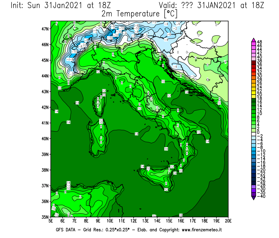 Mappa di analisi GFS - Temperatura a 2 metri dal suolo [°C] in Italia
									del 31/01/2021 18 <!--googleoff: index-->UTC<!--googleon: index-->
