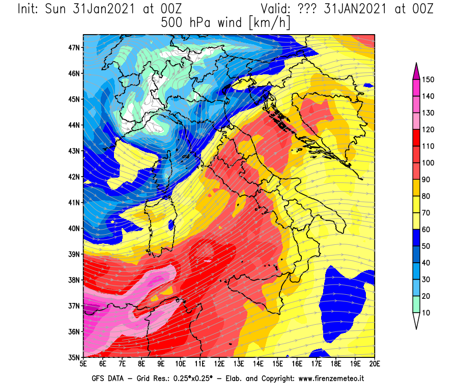 Mappa di analisi GFS - Velocità del vento a 500 hPa [km/h] in Italia
									del 31/01/2021 00 <!--googleoff: index-->UTC<!--googleon: index-->