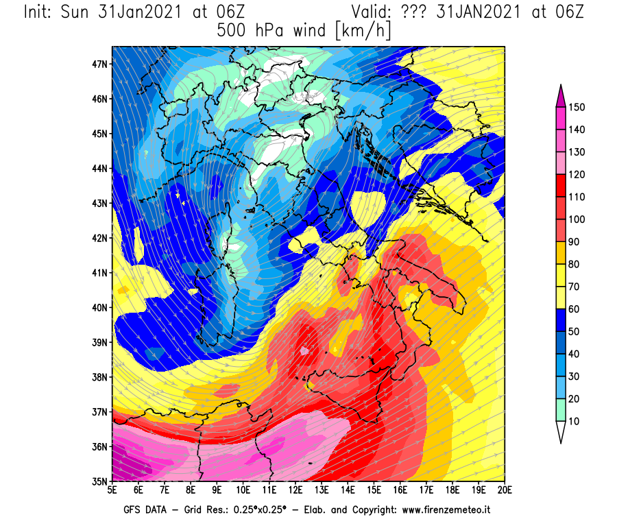 Mappa di analisi GFS - Velocità del vento a 500 hPa [km/h] in Italia
									del 31/01/2021 06 <!--googleoff: index-->UTC<!--googleon: index-->