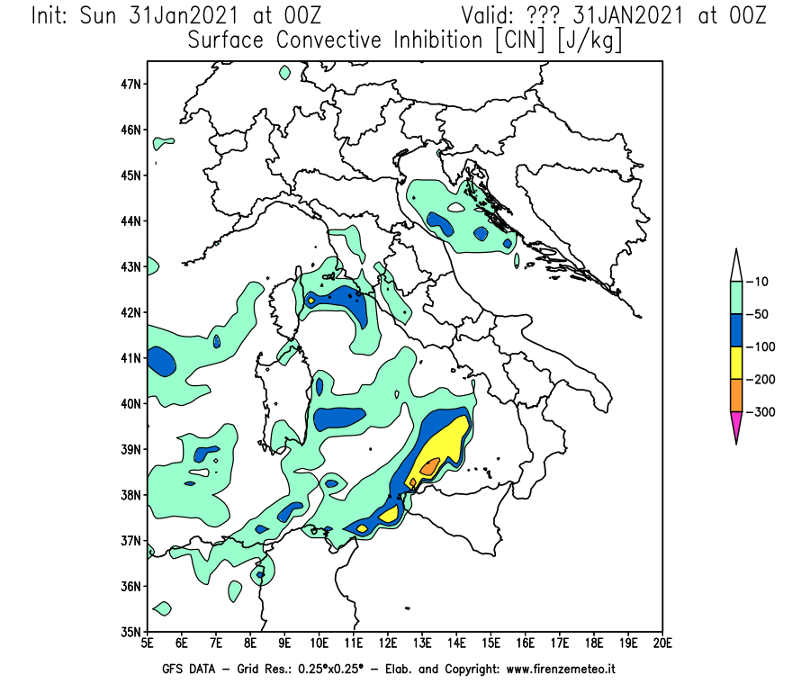 Mappa di analisi GFS - CIN [J/kg] in Italia
									del 31/01/2021 00 <!--googleoff: index-->UTC<!--googleon: index-->