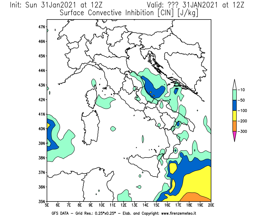 Mappa di analisi GFS - CIN [J/kg] in Italia
									del 31/01/2021 12 <!--googleoff: index-->UTC<!--googleon: index-->